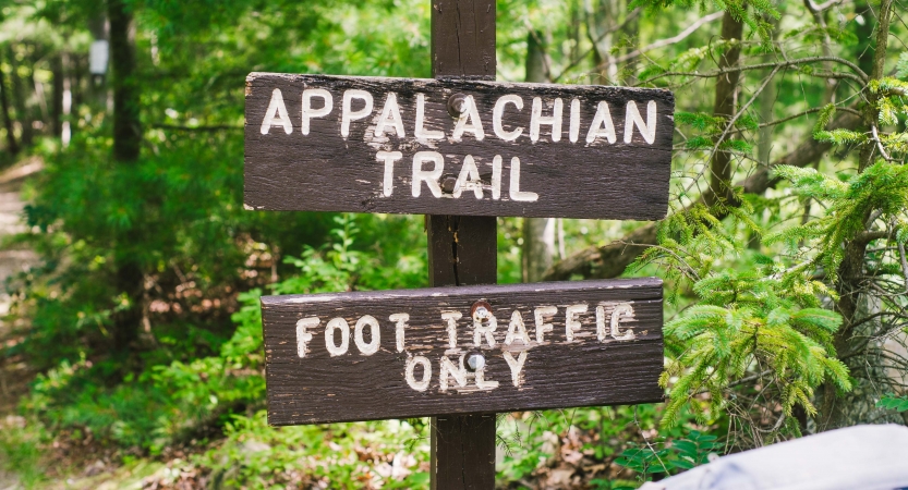 A sign says "Appalachian trail, foot traffic only."